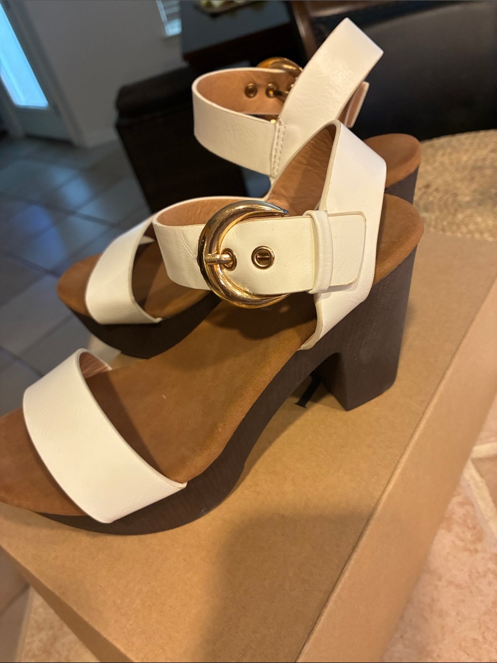 TOP Moda White Platform Sandals with Gold Buckle